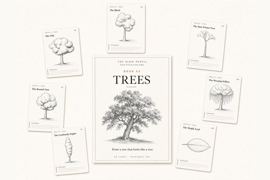 Book 03, Trees: the cover with a broad oak, ringed by its cut-out pocket cards