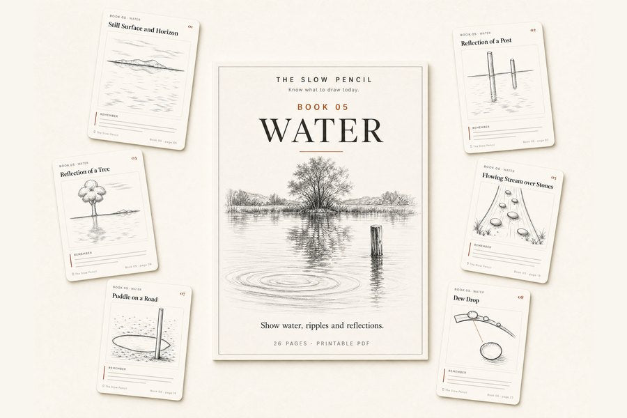 Book 05, Water: the cover with a lake and ripple rings, flanked by its cut-out pocket cards
