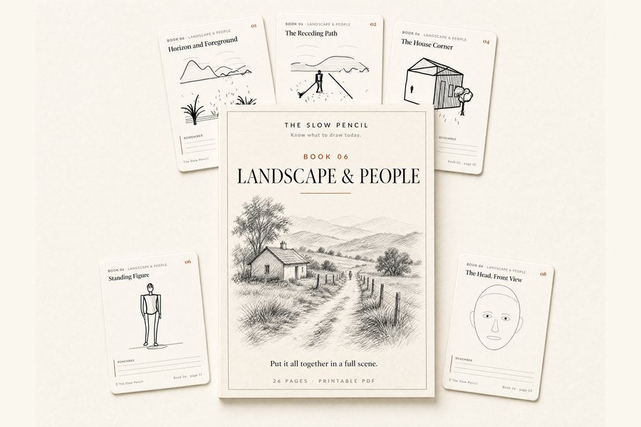 Book 06, Landscape & People: the cover with a cottage and a receding path, with its cut-out pocket cards behind