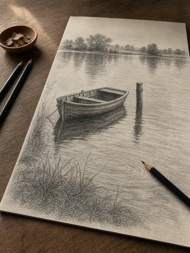 A pencil drawing of a moored rowing boat and its broken reflection on a still lake