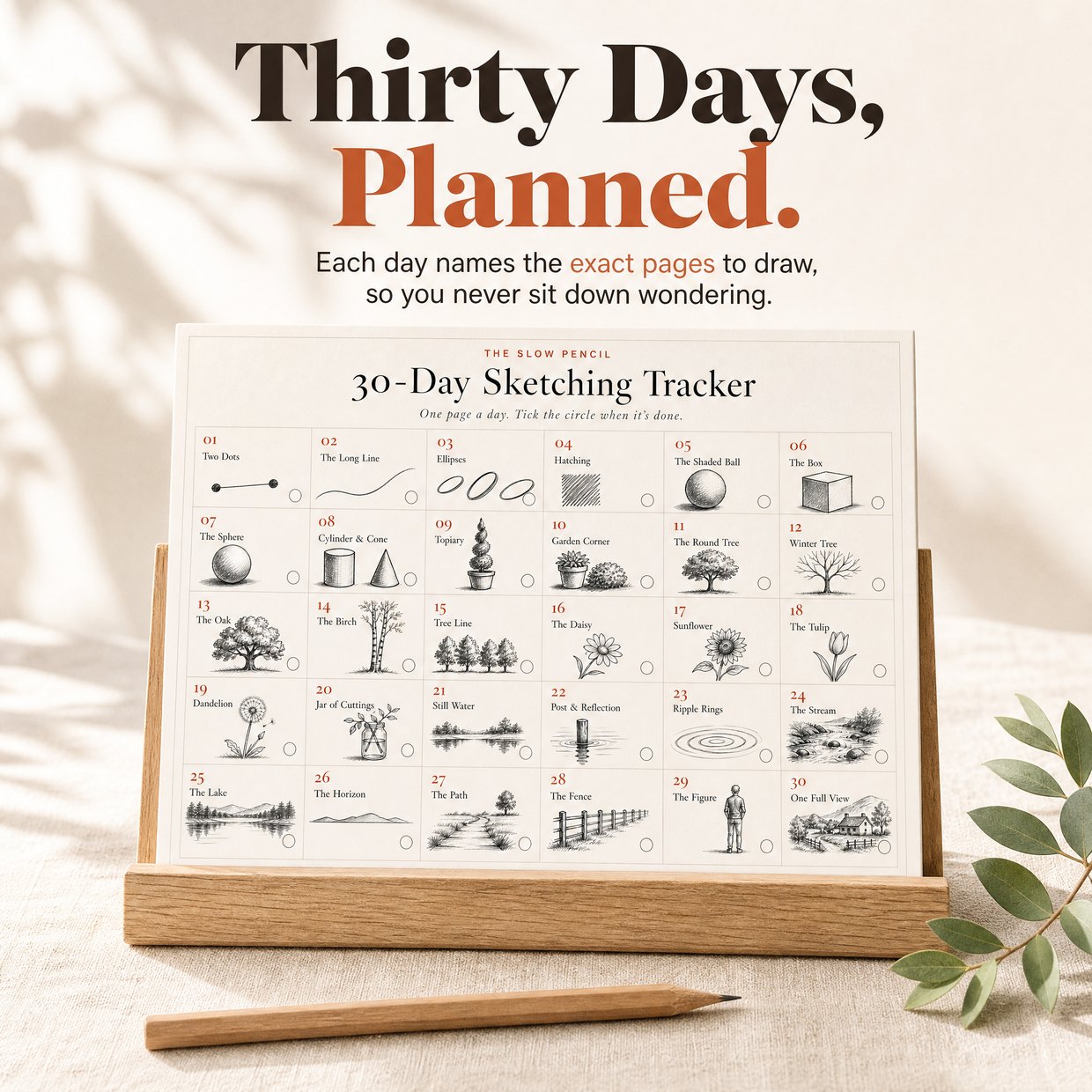 The 30-day sketching tracker on a desk-calendar stand, with a subject and a small drawing for each day