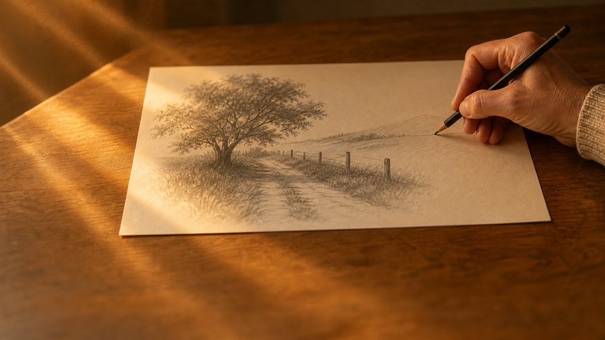 A hand shading a pencil landscape on a wooden table in warm evening light