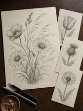 Add-on 02, The Sketchbook Habit: pencil studies of flowers and grasses on loose sheets