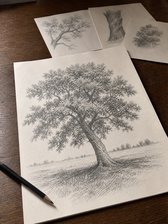 Add-on 03, The Tree Companion: a pencil study of an oak with smaller tree studies beside it