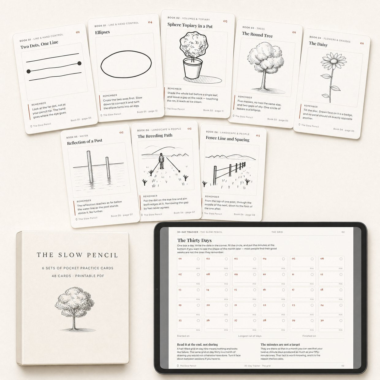 The pocket practice cards fanned out with their box, and the 30-day tracker open on a tablet
