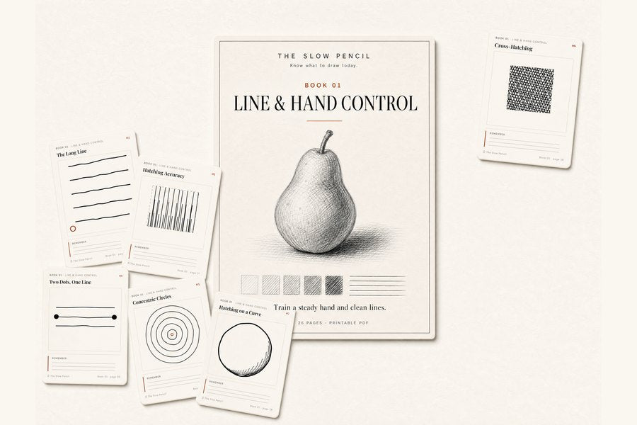 Book 01, Line & Hand Control: the cover with a hatched pear, surrounded by its cut-out pocket cards