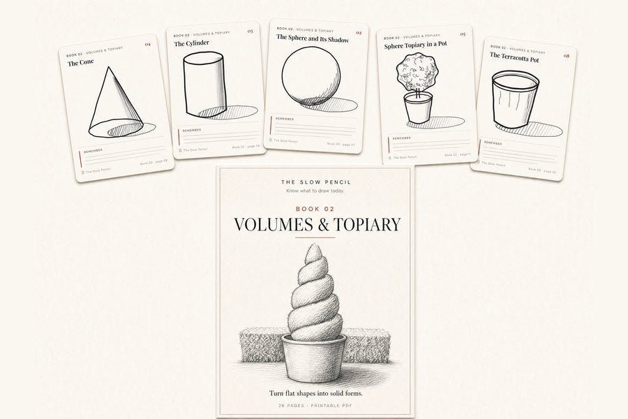 Book 02, Volumes & Topiary: the cover with a spiral topiary, under a row of its cut-out pocket cards