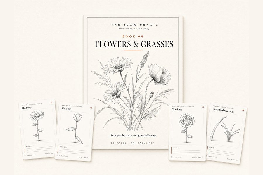 Book 04, Flowers & Grasses: the cover with daisies and a poppy, with cut-out pocket cards along the bottom