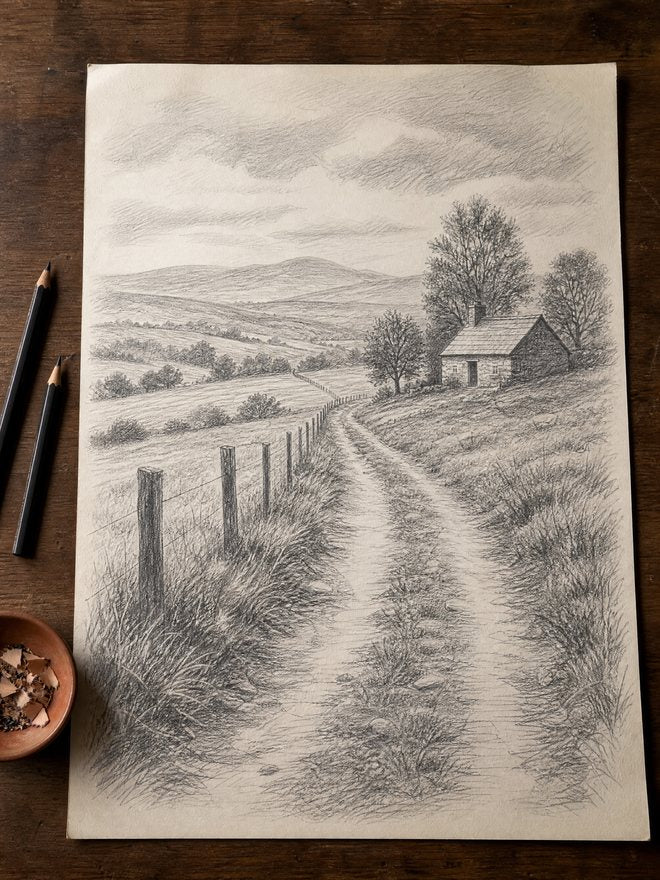 A pencil drawing of a country landscape with a path, a cottage and layered hills, on a sketch pad