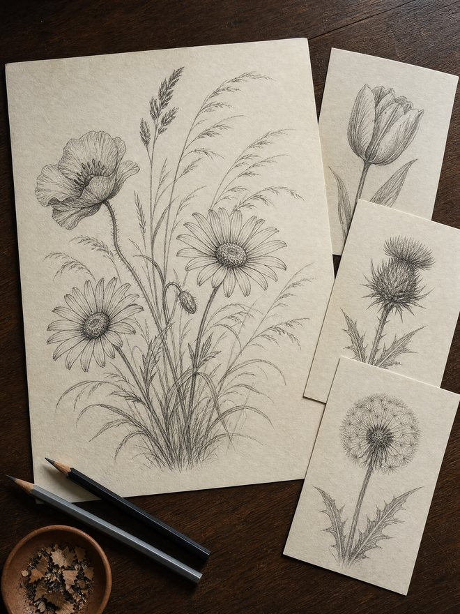 A pencil drawing of daisies, a poppy and grasses, with three smaller flower studies beside it