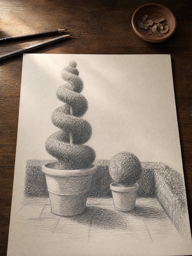 A pencil drawing of a spiral topiary in a terracotta pot with a clipped hedge behind it