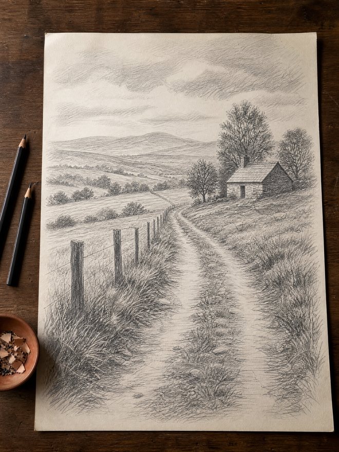 A pencil drawing of a country landscape with a path, a cottage and layered hills, on a sketch pad