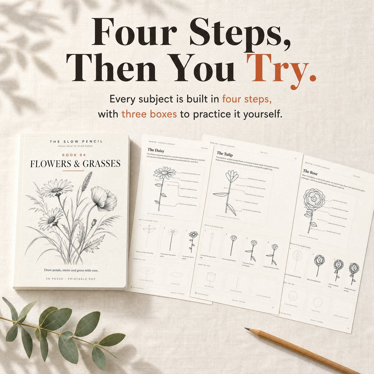 Book 04, Flowers & Grasses, with three of its printed step-by-step pages