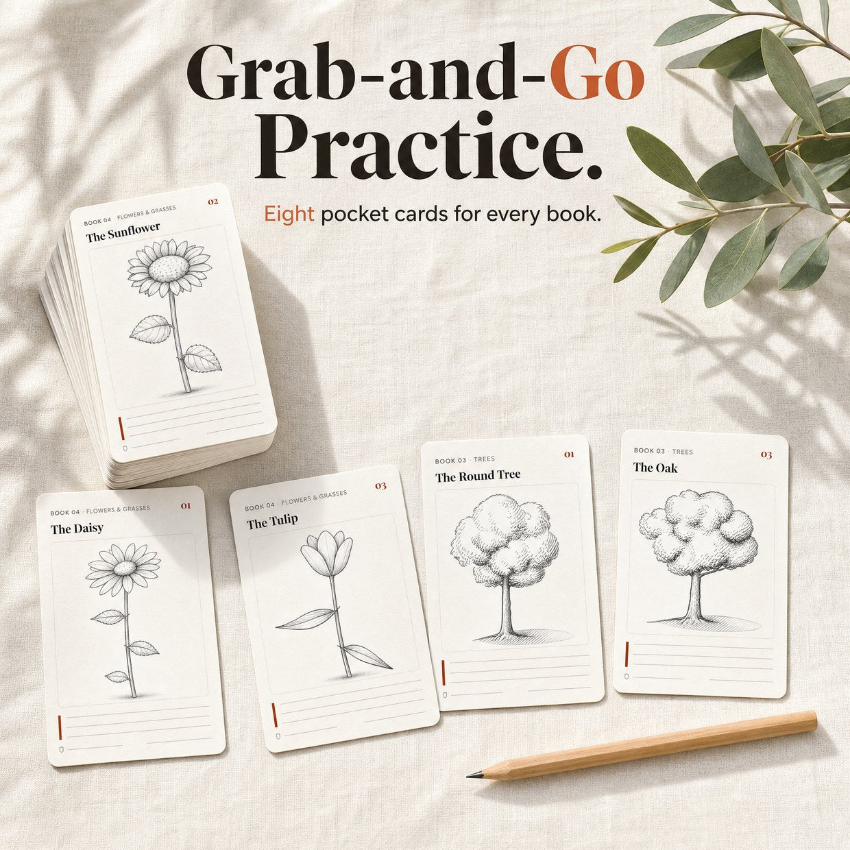 Pocket practice cards cut out on thick card, with a stack and a pencil
